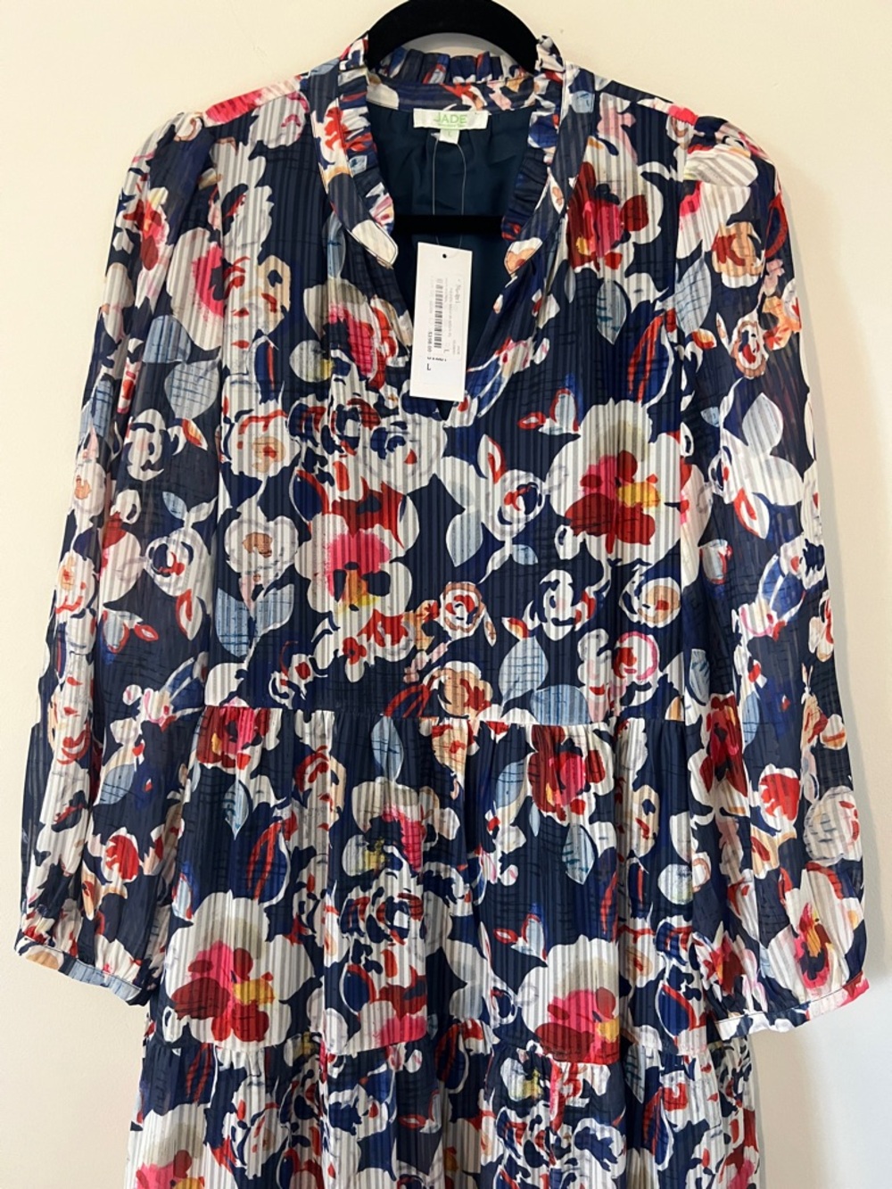 Jade Navy Floral Long Sleeve Tiered Midi Dress with Pink & Red Accents - Picture 3 of 6